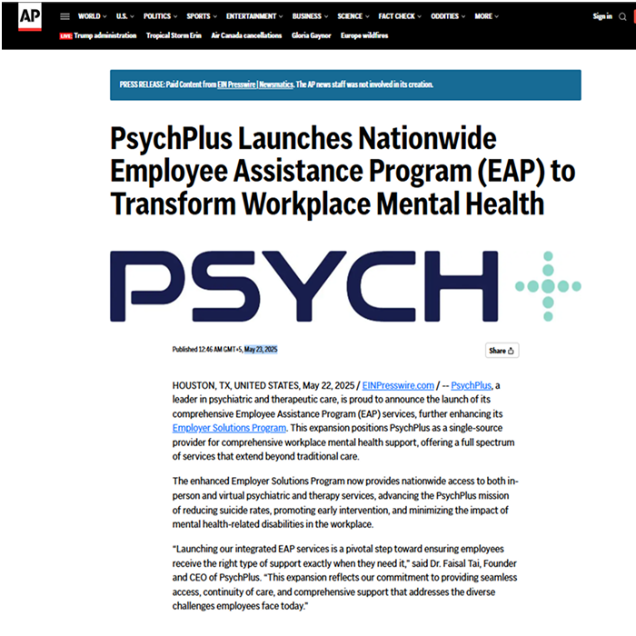 PsychPlus Launches Nationwide Employee Assistance Program (EAP) to Transform Workplace Mental Health